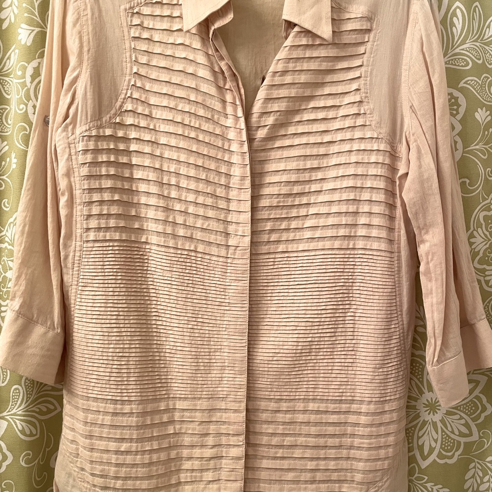 Beige Textured Button-Up shirt Blouse - cotton